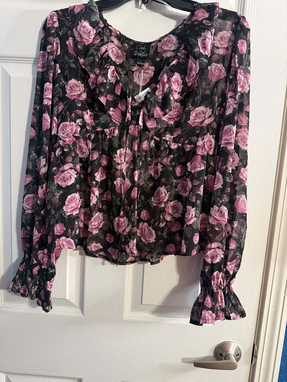 Oak & Trellis Women's V-Neck Poet Sleeve Floral Blouse Black Pink Size L